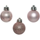 Decoris Kerstballen - 14ST - mini - lichtroze - kunststof - 3cm - glans/mat/glitter