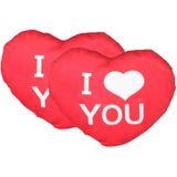 Sierkussentje Valentijn/I Love hartje vorm - 2x - rood - pluche - 12 cm