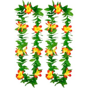 Boland Hawaii krans/slinger - 2x - Tropische kleuren mix groen/geel - Bloemen hals slingers