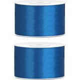 2x Hobby/decoratie blauw satijnen sierlinten 3,8 cm/38 mm x 25 meter - Cadeaulint satijnlint/ribbon - Blauwe linten - Hobbymateriaal benodigdheden - Verpakkingsmaterialen