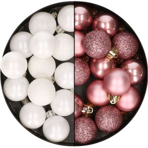 28x stuks stuks kunststof kerstballen wit en velvet roze 3 cm - kerstversiering