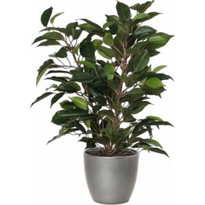 Groene ficus kunstplant 40 cm met plantenpot zilver metallic D13.5 en H12.5 cm