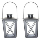 Set van 2x stuks zilveren tuin lantaarn/windlicht van ijzer 12 x 12 x 16 cm - Tuinverlichting - Kaarsenhouders - Lantaarns