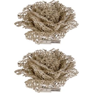 4x stuks decoratie bloemen roos champagne glitter op clip 10 cm - Decoratiebloemen/kerstboomversiering