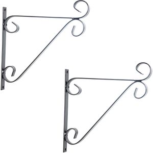 2x Zwarte hangpot haken metaal met krul - 28 x 28 cm - Muurpothangers voor plantenbakken/bloembakken - Tuin/muur decoraties