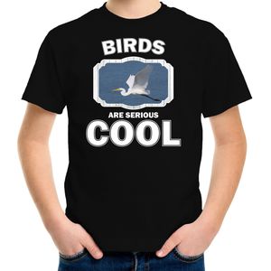 Dieren vogels t-shirt zwart kinderen - birds are serious cool shirt  jongens/ meisjes - cadeau shirt grote zilverreiger/ vogels liefhebber - kinderkleding / kleding