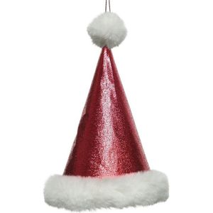 Decoris Kersthanger kerstmuts - rood glitters - 17 cm - kerstornamenten