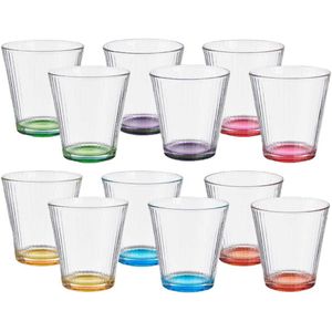 Vivalto Waterglazen/drinkglazen Colorama - 12x stuks - transparant/kleurenmix bodem - 310 ml - 9 x 9 cm