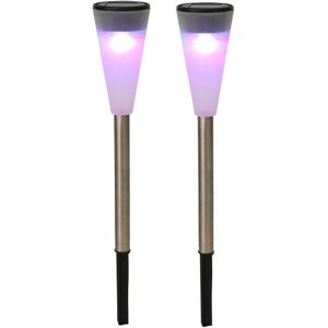 2x RVS Buiten/tuin LED stekers solar verlichting 36 cm gekleurd - Tuinverlichting - Tuinlampen - Solarlampen op zonne-energie