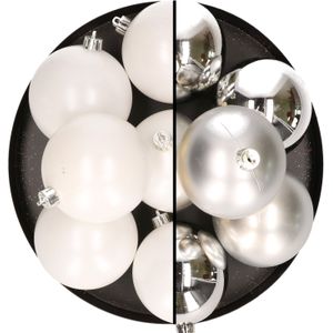 12x stuks kunststof kerstballen 8 cm mix van zilver en wit - Kerstversiering