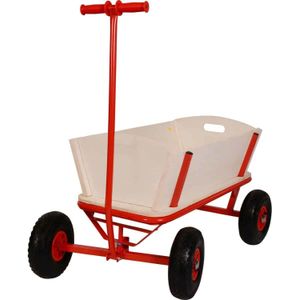 Houten bolderkar met rood metalen frame en luchtbanden - 85 x 60 x 53 cm - Bolderwagen - Buitenspeelgoed voor kinderen