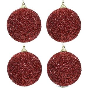 4x Kerst rode glitter/kralen kerstballen 8 cm kunststof - Onbreekbare kerstballen - Kerstboomversiering rood