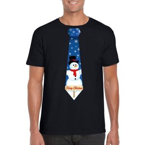 Zwart kerst T-shirt voor heren - Sneeuwpoppen stropdas print