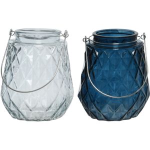 Set van 2x stuks theelichthouders/waxinelichthouders ruitjes glas ijsblauw en donkerblauw met metalen handvat 11 x 13 cm