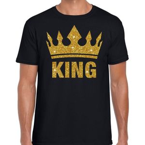 Bellatio Decorations T-shirt - heren - zwart - met glitter kroon - goud - Koningsdag