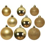 Kerstversiering kunststof kerstballen 6-8-10 cm met folieslingers pakket goud van 28x stuks - Kerstboomversiering