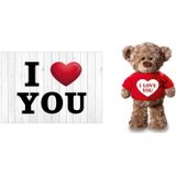 I Love You Valentijnskaart met I love you knuffelbeer in rood shirtje 24 cm - Valentijnsdag / romantisch cadeau