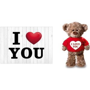 I Love You Valentijnskaart met I love you knuffelbeer in rood shirtje 24 cm - Valentijnsdag / romantisch cadeau