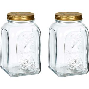 Pasabahce Voorraadpot/bewaarpot Square - 2x - glas - 1,5L - transparant/goud - D10 x H19 cm - voedsel bewaren