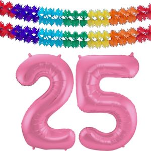 Folat folie ballonnen - Verjaardag leeftijd cijfer 25 - glimmend roze - 86 cm - en 2x feestslingers