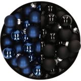 Mini kerstballen - 48x st - donkerblauw en zwart - 2,5 cm - glas - kerstversiering