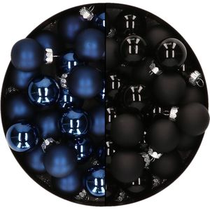 Mini kerstballen - 48x st - donkerblauw en zwart - 2,5 cm - glas - kerstversiering