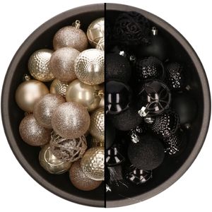 Bellatio Decorations Kerstballen mix - 74-delig - parel champagne en zwart - 6 cm - kunststof