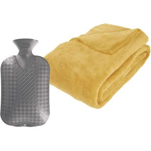 Fleece deken/plaid Okergeel 230 x 180 cm en een warmwater kruik 2 liter
