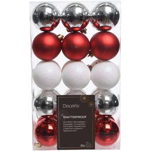 Decoris Kerstballen - 30x - 6 cm -kunststof -rood/wit parelmoer/zilver