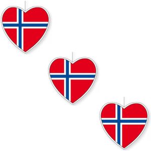 Set van 3x stuks hangdecoraties hartjes Noorwegen 14 cm - Noorse vlag EK/WK landen versiering