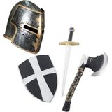 Ridder helm zwart met goud met set ridder speelgoed wapens - Zwaard/schild/bijl - Volwassenen