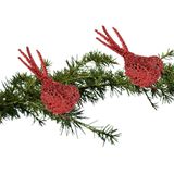 2x Kerstboomversiering glitter rode vogeltjes op clip 12 cm - Kerstboom decoratie vogeltjes
