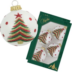 Krebs kerstballen - 16x stuks - wit met kerstboom - glas - 7 cm