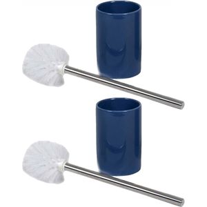 2x stuks wc/toiletborstels inclusief houders blauw/zilver 37 cm van RVS/keramiek - Toilet/badkameraccessoires wc-borstel