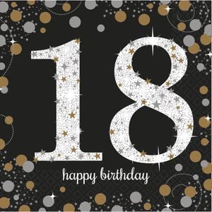 16x stuks 18 jaar verjaardag feest servetten zwart met confetti print 33 x 33 cm - Wegwerp servetjes
