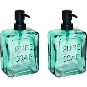 Berilo zeeppompje/dispenser PURE - 2x - groen transparant - glas - 18 x 6 x 10 cm - 570 ml - badkamer/toilet/keuken
