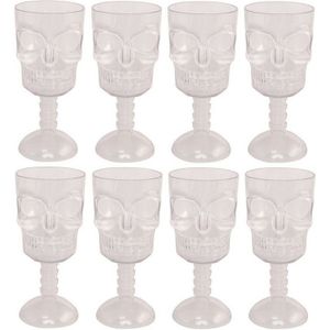 3D Doodshoofd glas - 8x - plastic transparant - 350 ml - Halloween/horror tafel dekken - Plastic glazen/wijnglazen