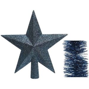 Kerstversiering kunststof glitter ster piek 19 cm en folieslingers pakket donkerblauw van 3x stuks - Kerstboomversiering