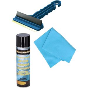 Autoramen IJskrabber met trekker blauw 16 cm met anti-condens doek en ruitenontdooier spray 660 ml - Winter vorst accessoires