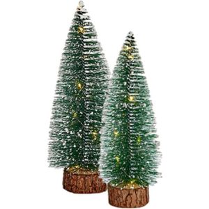 Mini decoratie kerstboompjes - set van 2x st - met licht - 25-30 cm