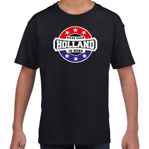 Have fear Holland is here t-shirt met sterren embleem in de kleuren van de Nederlandse vlag - zwart - kids - Holland supporter / Nederlands elftal fan shirt / EK / WK / kleding