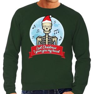 Grote maten foute Kersttrui / sweater - Last Christmas I gave you my heart - skelet - groen voor heren - kerstkleding / kerst outfit