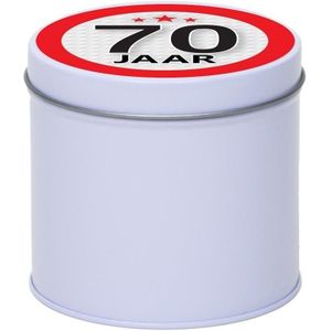 Cadeau/kado wit rond blik 70 jaar 10 cm - Snoepblikken - Cadeauverpakking voor verjaardag/jubileum