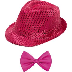 Carnaval verkleed set - hoedje en vlinderstrikje - roze - volwassenen - glitters