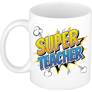 Super teacher cadeau mok / beker - wit - strip stijl / popart - bedankt cadeau - juf / meester / leraar/ lerares