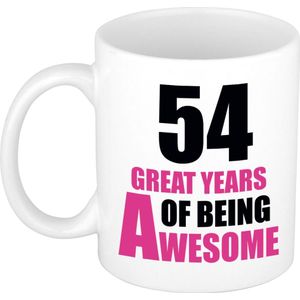 54 great years of being awesome mok wit en roze - cadeau mok / beker - 29e verjaardag / 54 jaar