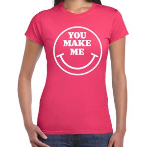 Bellatio Decorations Verkleed shirt dames - you make me - smiley - roze - carnaval - foute party - feest
