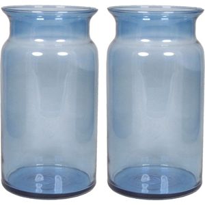 Set van 2x stuks glazen melkbus vaas/vazen blauw 7 liter met smalle hals 16 x 29 cm - Bloemenvazen van glas