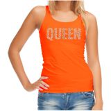 Glitter Queen tanktop oranje met steentjes/ rhinestones voor dames - Glitter kleding/ foute party outfit - EK/WK / Koningsdag