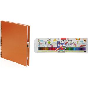 Oranje schetsboek/tekenboek met 50 viltstiften - Tekenen/kleuren